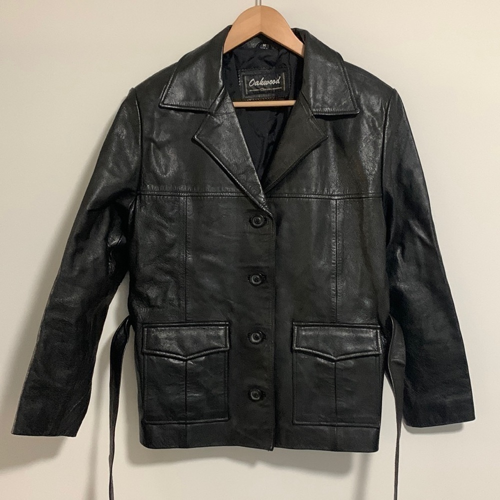 Oakwood Classic Leather Jacket Belt Tie Button Front Size Medium Black